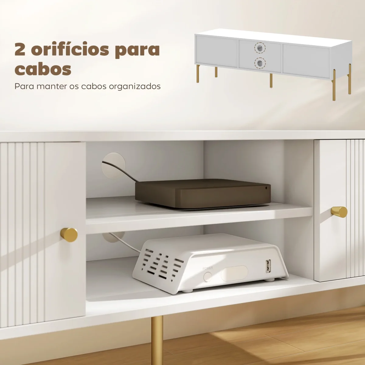 Móvel de TV Moderno de 2 Portas Móvel de TV para Sala com 2 Prateleiras Abertas Ajustáveis Orifícios para Cabos Pernas de Aço para Televisão 65 Polegadas 140x38x45,9 cm Branco - Image 9