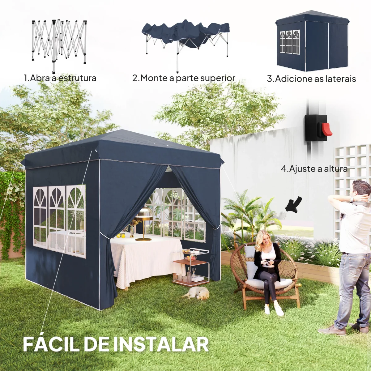 Tenda Dobrável Pop-Up Tenda 248x248x270 cm com 4 Paredes Laterais Anti-UV Altura Ajustável e Bolsa de Transporte para Campismo Festas Azul Escuro - Image 5