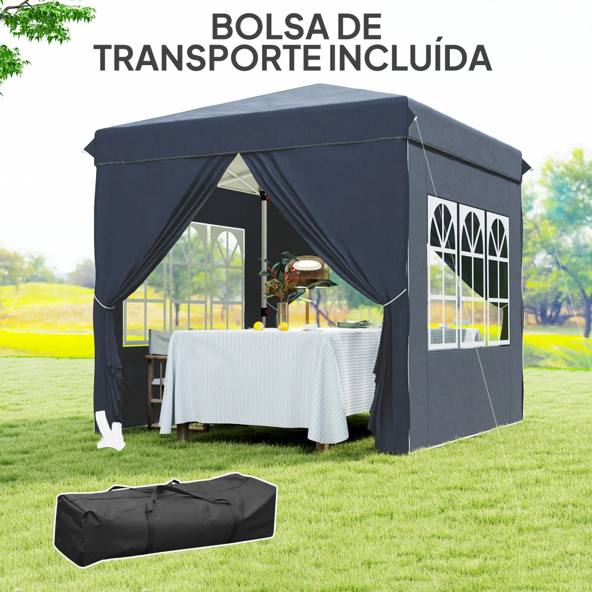 Tenda Dobrável Pop-Up Tenda 248x248x270 cm com 4 Paredes Laterais Anti-UV Altura Ajustável e Bolsa de Transporte para Campismo Festas Azul Escuro - Image 8