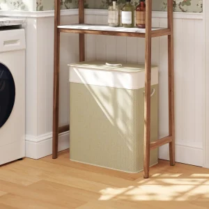 Cesto de Roupa com Tampa 100L Cesto para Roupa Suja de Bambu com 2 Compartimentos Bolsa Interior Amóvivel para Lavandaria Casa de Banho 52x32x63 cm Bege e Creme