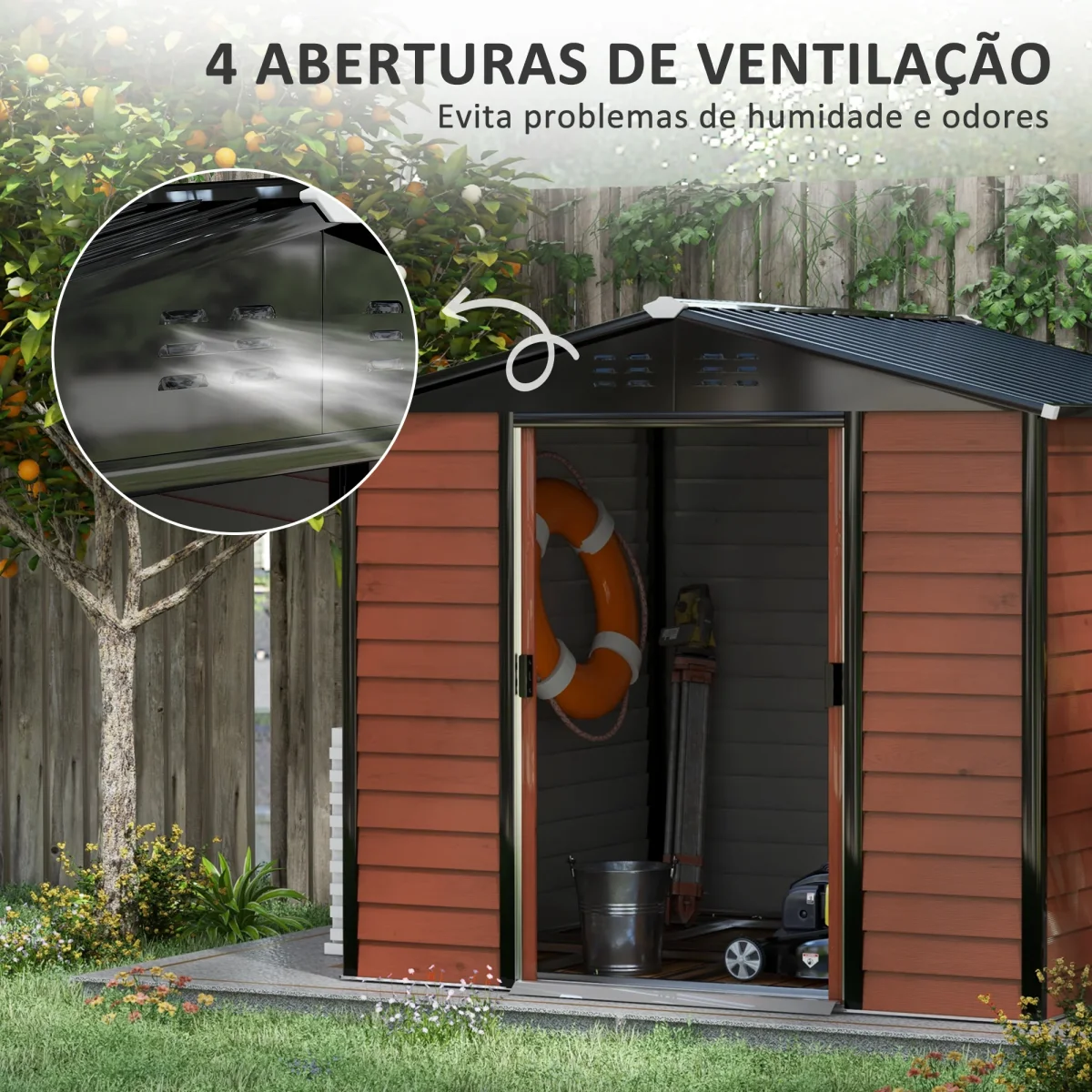 Abrigo de Jardim Exterior 4,4 m² 240x206x198 cm Abrigo de Jardim com Porta de Correr e Fechadura Armário para Jardim Pátio Teca - Image 7
