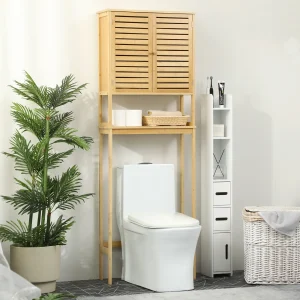 Móvel de Bambú sobre Sanita Armário Alto para Casa de Banho com 2 Portas 1 Prateleira Interior e 1 Prateleira de Armazenamento 60x23x173cm Natural