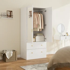 Roupeiro com 2 Portas e 2 Gavetas Armário Roupeiro com Espelho Barra para Pendurar Estilo Moderno 80x50x180 cm Branco