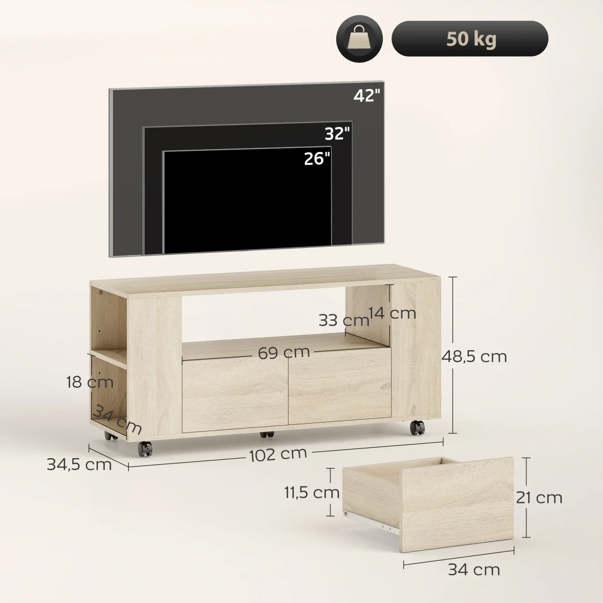 Móvel de TV com Rodas Mesa de TV Móvel Móvel para Televisão até 42 Polegadas com 2 Gavetas Prateleiras Ajustáveis para Sala de Estar Quarto 102x34,5x48,5 cm Madeira - Image 4