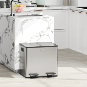 Balde de Lixo de Cozinha com 2 Compartimentos 2x15L Cubo de Lixo de Aço Inoxidável com Pedal Tampa de Fechamento Suave e Cubo Amovível para Escritório Cozinha Prata