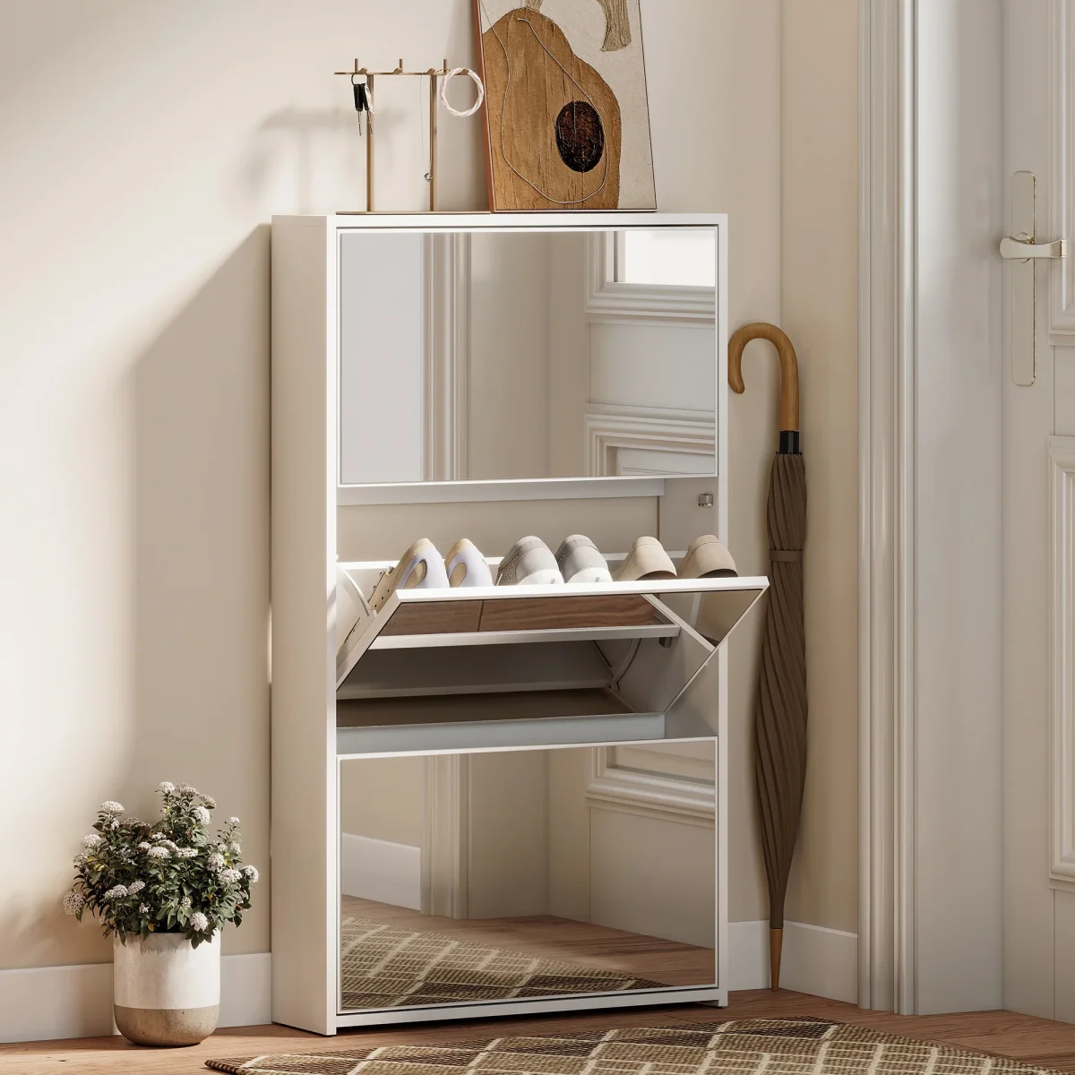 Sapateira Estreita 3 Portas com Espelho Sapateira para Entrada Corredor Para 9 Pares de Sapatos Para Corredor Espaços Reduzidos 65x17x114,5 cm Branco
