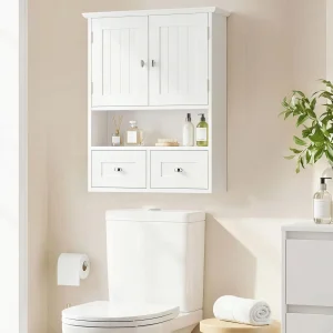 Armário de Parede para Casa de Banho Armário Suspenso de Casa de Banho com 2 Portas Prateleira Aberta e 2 Gavetas Estilo Moderno 50,8x17,8x66 cm Branco