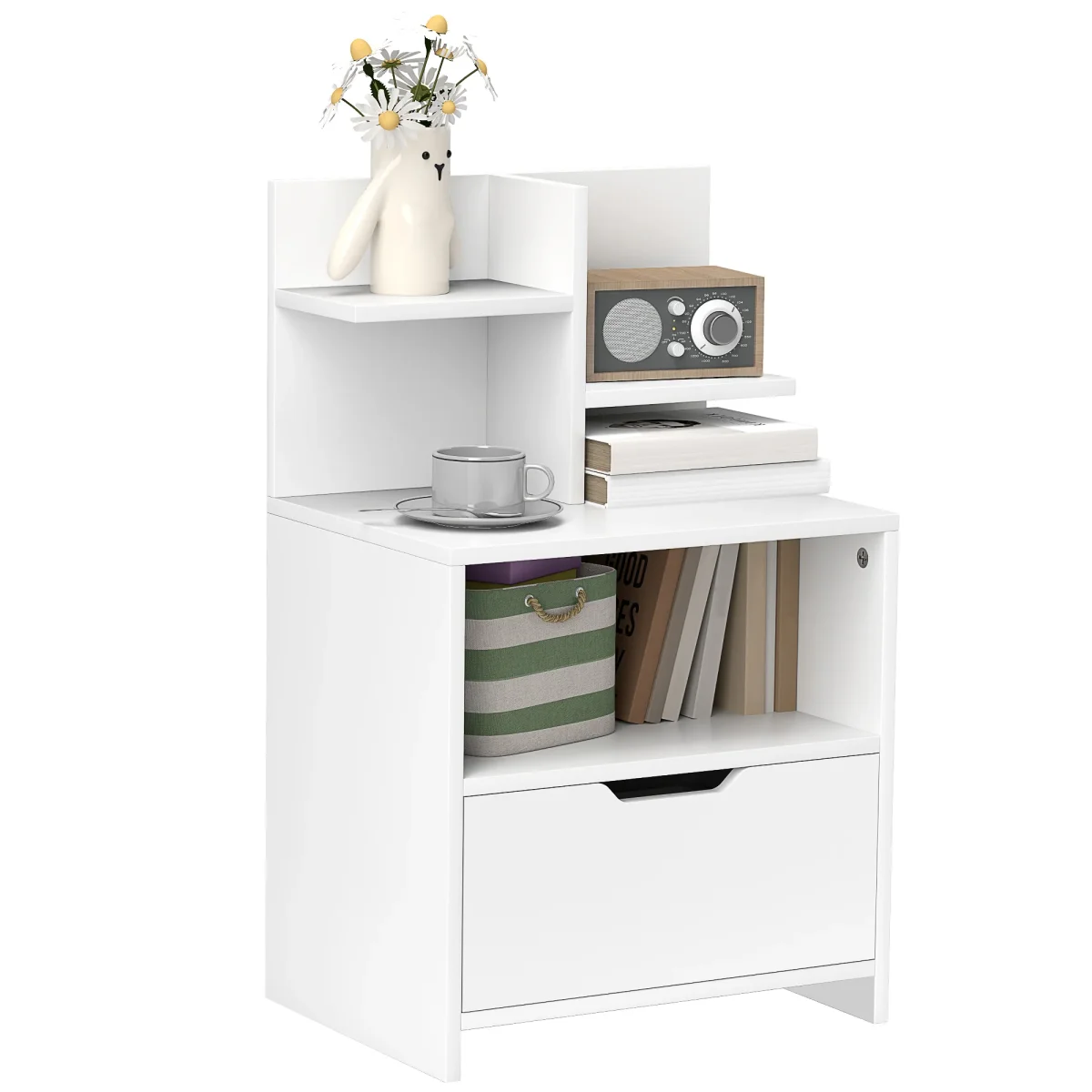 Mesa de Cabeceira de Madeira Mesa de Cabeceira Moderna com Gaveta e Prateleiras de Armazenamento Mesa Auxiliar para Sala de Estar Dormitório 45x35x73 cm Branco - Image 3