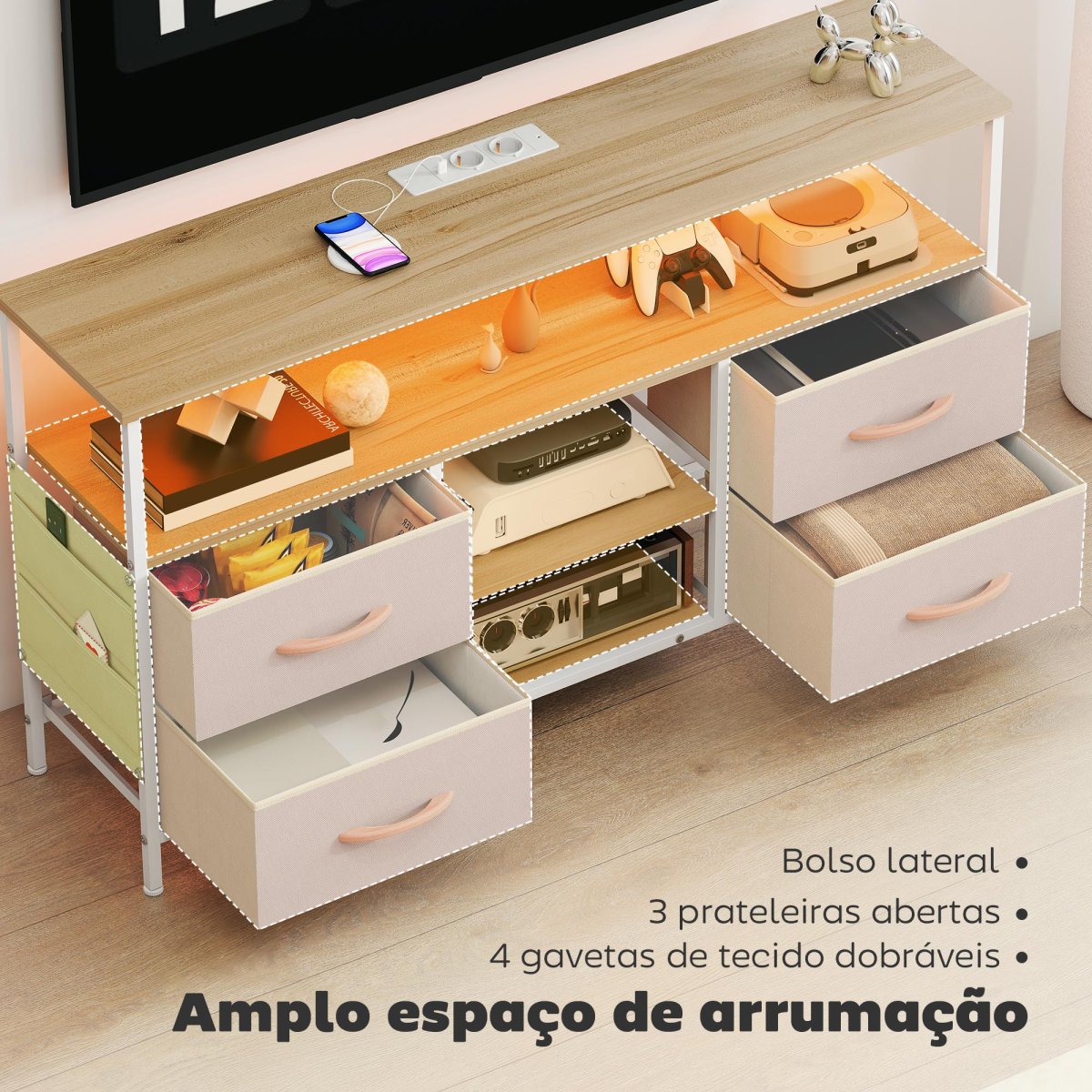 Móvel de TV com Luz LED Móvel de TV para Sala com Tomadas Portas USB Prateleiras Abertas 4 Gavetas de Tecido e Bolso para Televisão até 50 Polegadas 120x30x67,5 cm Bege e Madeira - Image 7