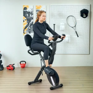 Bicicleta Estática Dobrável com Resistência Magnética de 8 Níveis Bicicleta Estática Dobrável com Encosto Volante Ecrã LCD e Banda de Resistência Carga 110 kg 43x97x109 cm Preto