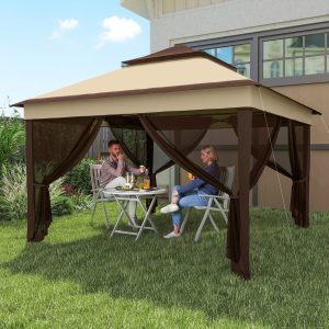 Tenda Dobrável 3,26x3,26x2,72 m Tenda de Jardim com Duplo Teto Altura Ajustável 4 Painéis de Malha Proteção UV30+ e Bolsa de Transporte para Festas Campismo Cinza