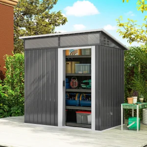 Abrigo de Jardim 1,9m² 195x122x182 cm Abrigo de Exterior com Base Reforçada (Chão NÃO Incluído) Porta Corredera Janelas Abrigo de Ferramentas para Pátio Cinza Escuro