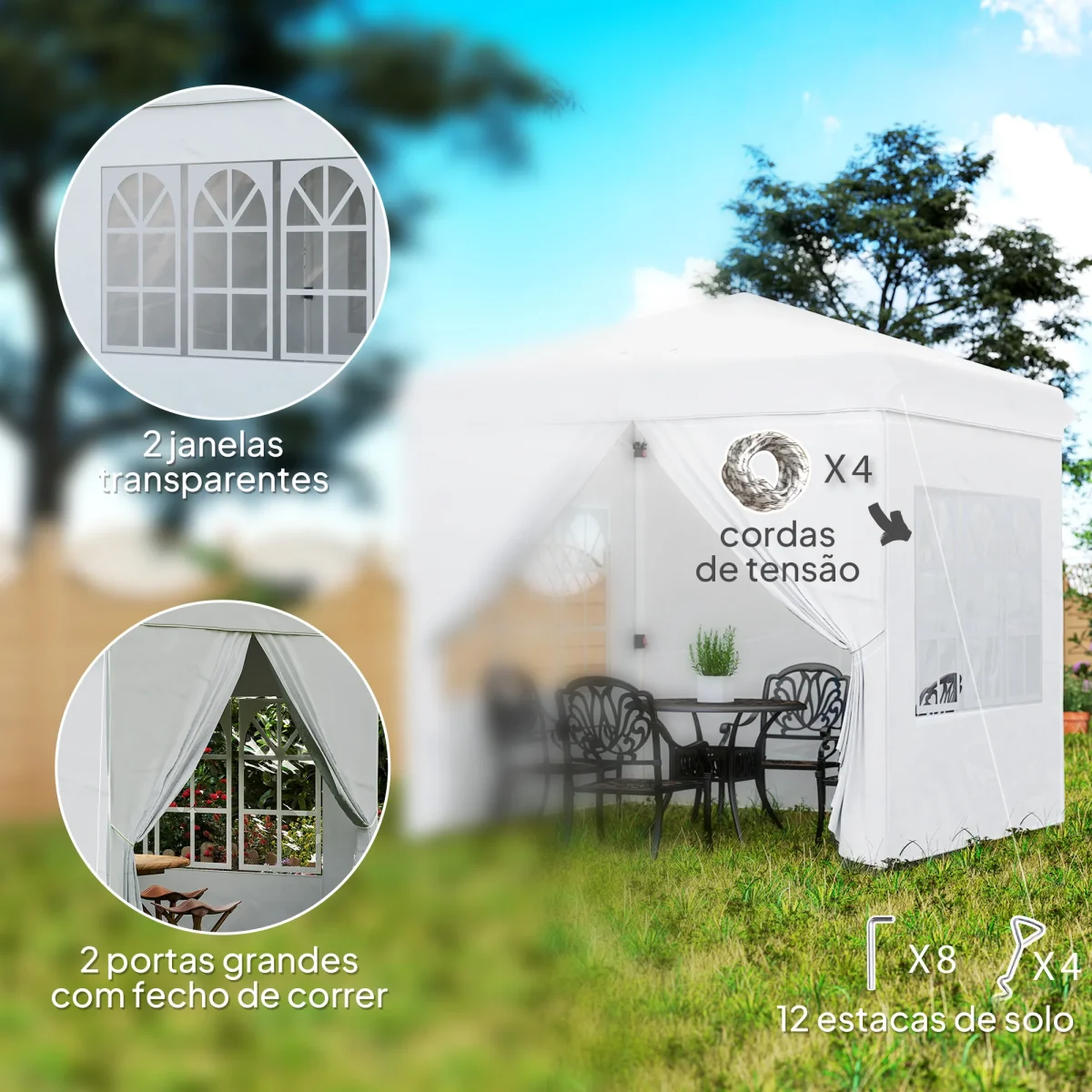 Tenda Dobrável Pop-Up Tenda 248x248x270 cm com 4 Paredes Laterais Anti-UV Altura Ajustável e Bolsa de Transporte para Campismo Festas Branco - Image 9