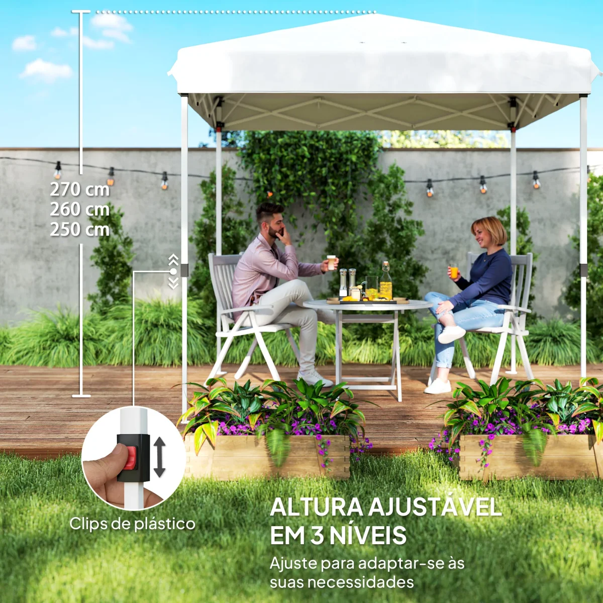 Tenda Dobrável Pop-Up Tenda 248x248x270 cm com 4 Paredes Laterais Anti-UV Altura Ajustável e Bolsa de Transporte para Campismo Festas Branco - Image 6