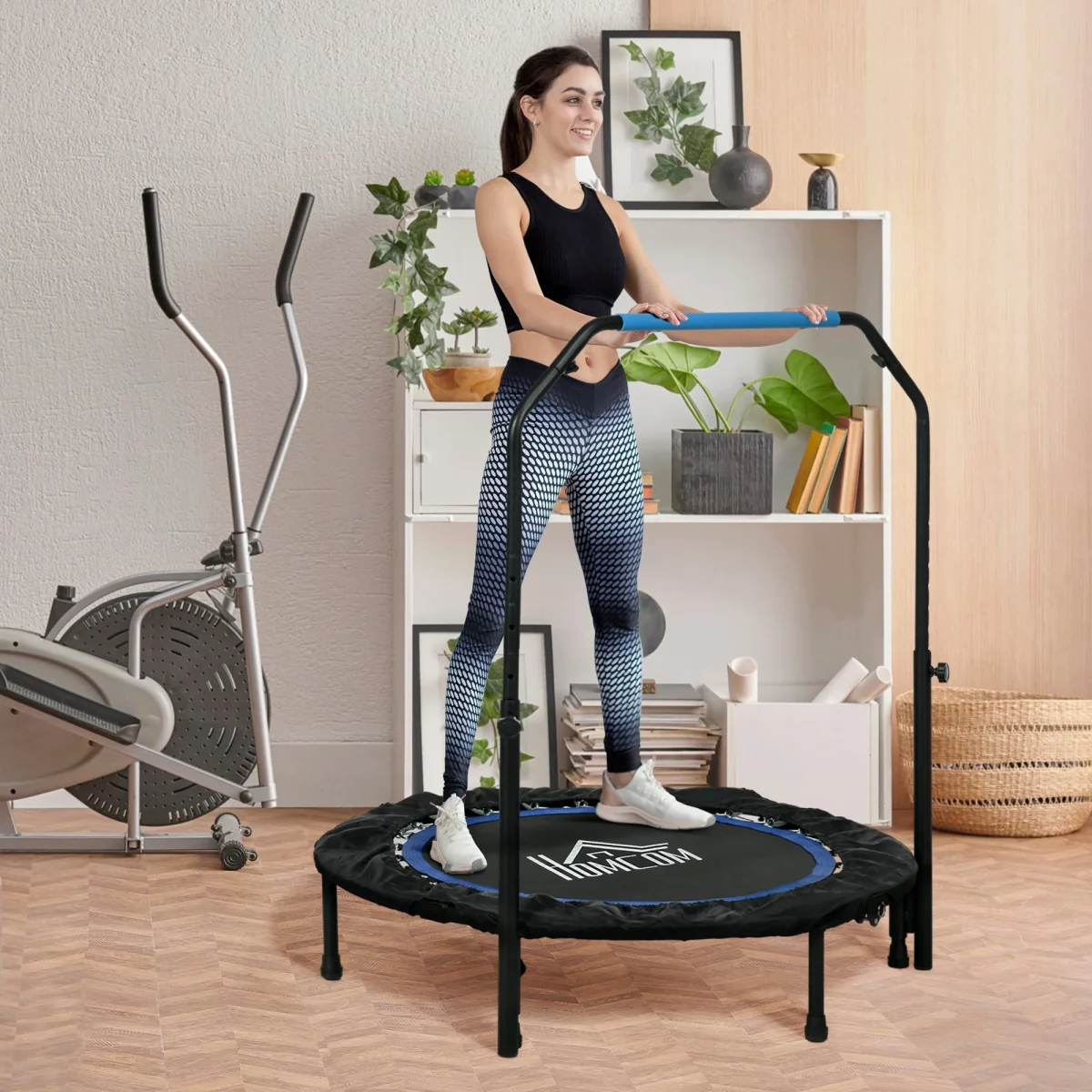 Trampolim Fitness Ø102 Trampolim Dobrável com Pega Ajustável em 4 Níveis Estrutura de Aço para Treino de Pernas Corpo em Casa Escritório Ginásio Azul - Image 2