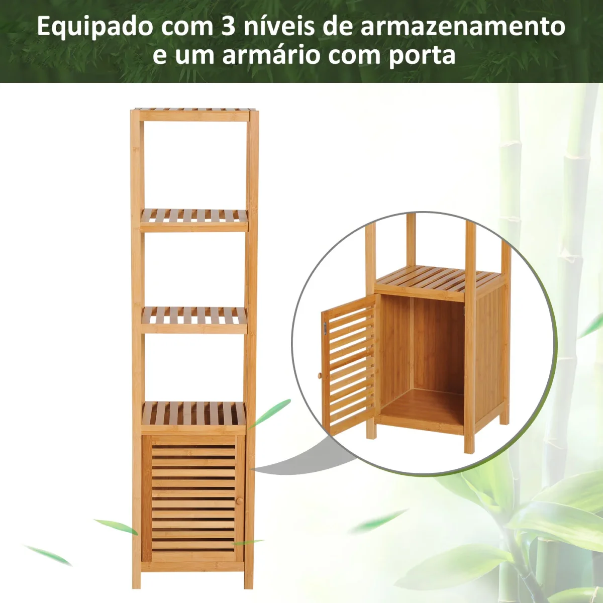 Estantes de bambu para o banheiro Armário alto Livraria Organizador 4 Níveis 1 Porta 36x33x140cm - Image 8