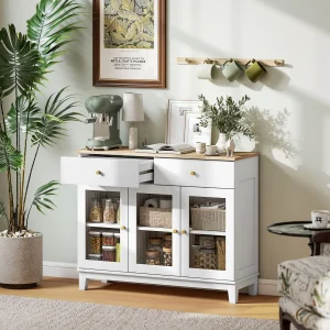Aparador 3 Portas de Vidro Aparador para Sala Moderno com 2 Gavetas e Prateleiras Ajustáveis para Sala de Jantar ou Entrada 100x35x80,3 cm Branco