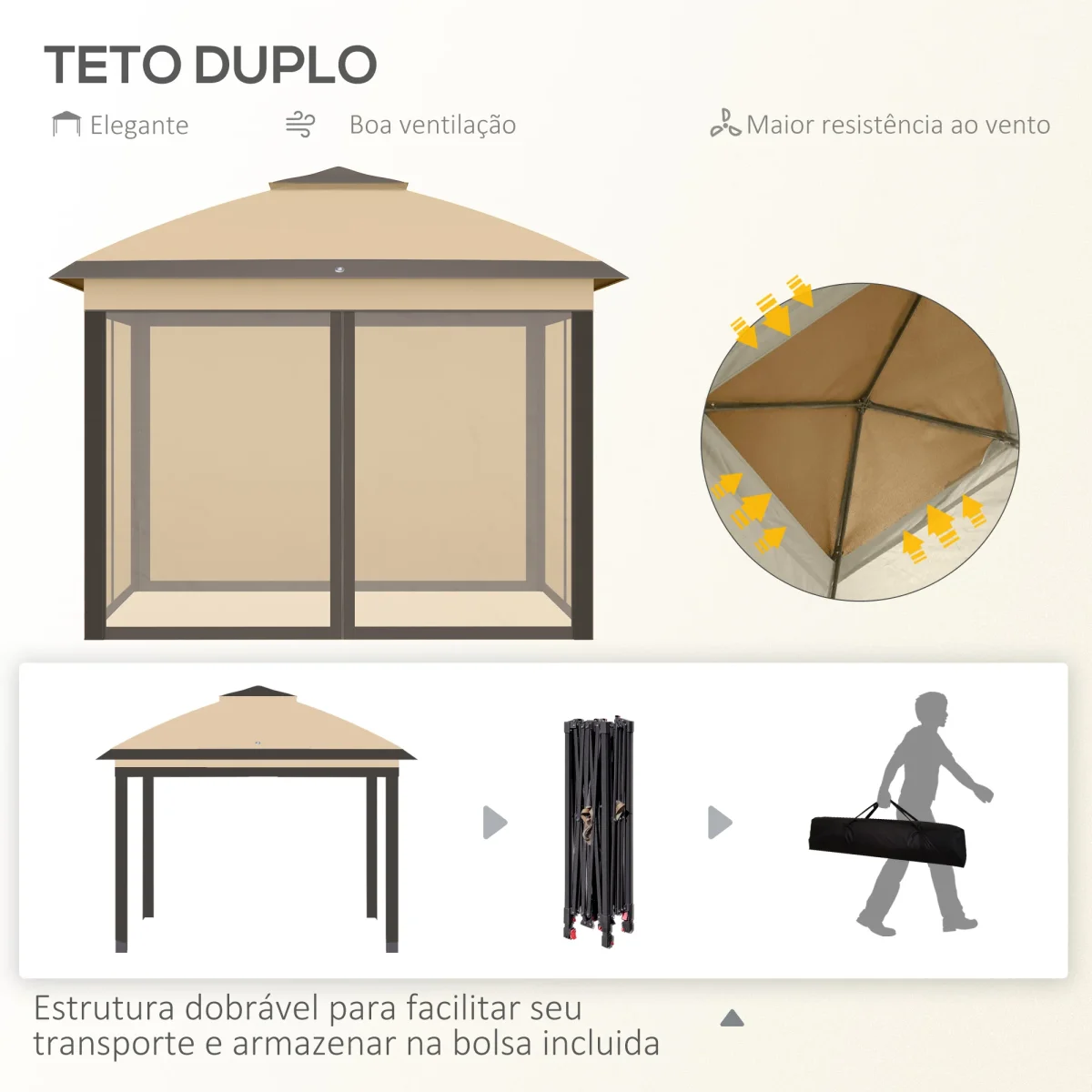 Pérgola Dobrável Exterior 3,3x3,3 m com Altura Ajustável Pérgola de Jardim com Teto Duplo 4 Mosquiteiras Removíveis e Bolsa de Transporte para Acampamento Festas Bege - Image 5