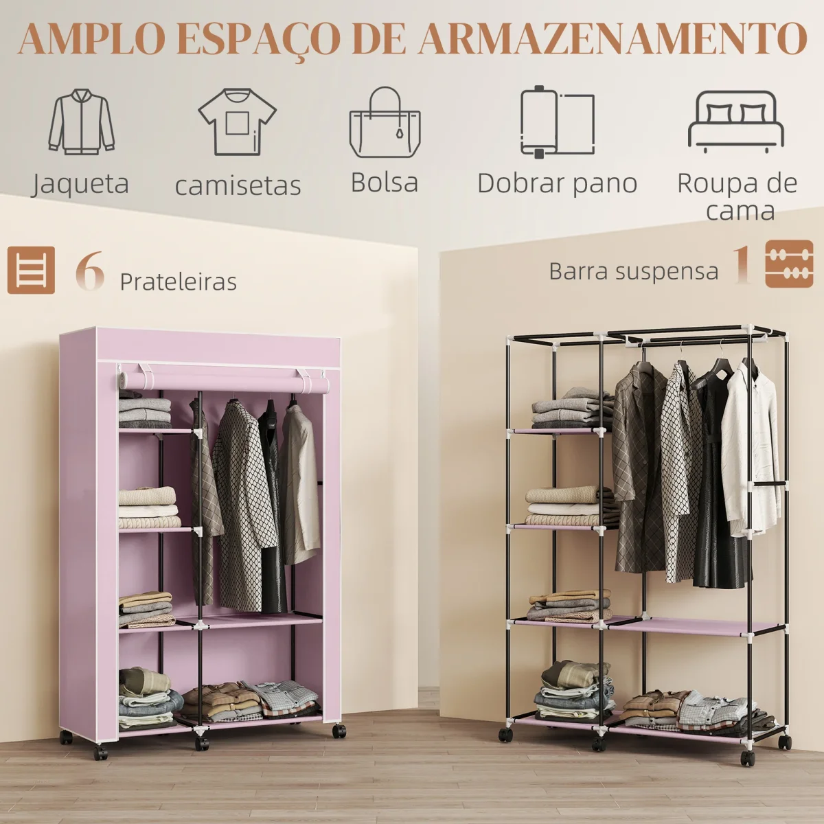 Roupeiro de Tecido Dobrável Armário de Roupa Portátil com 6 Prateleiras 1 Barra de Pendurar e Rodas para Dormitório Vestidor 103x43x162,5 cm Rosa - Image 5