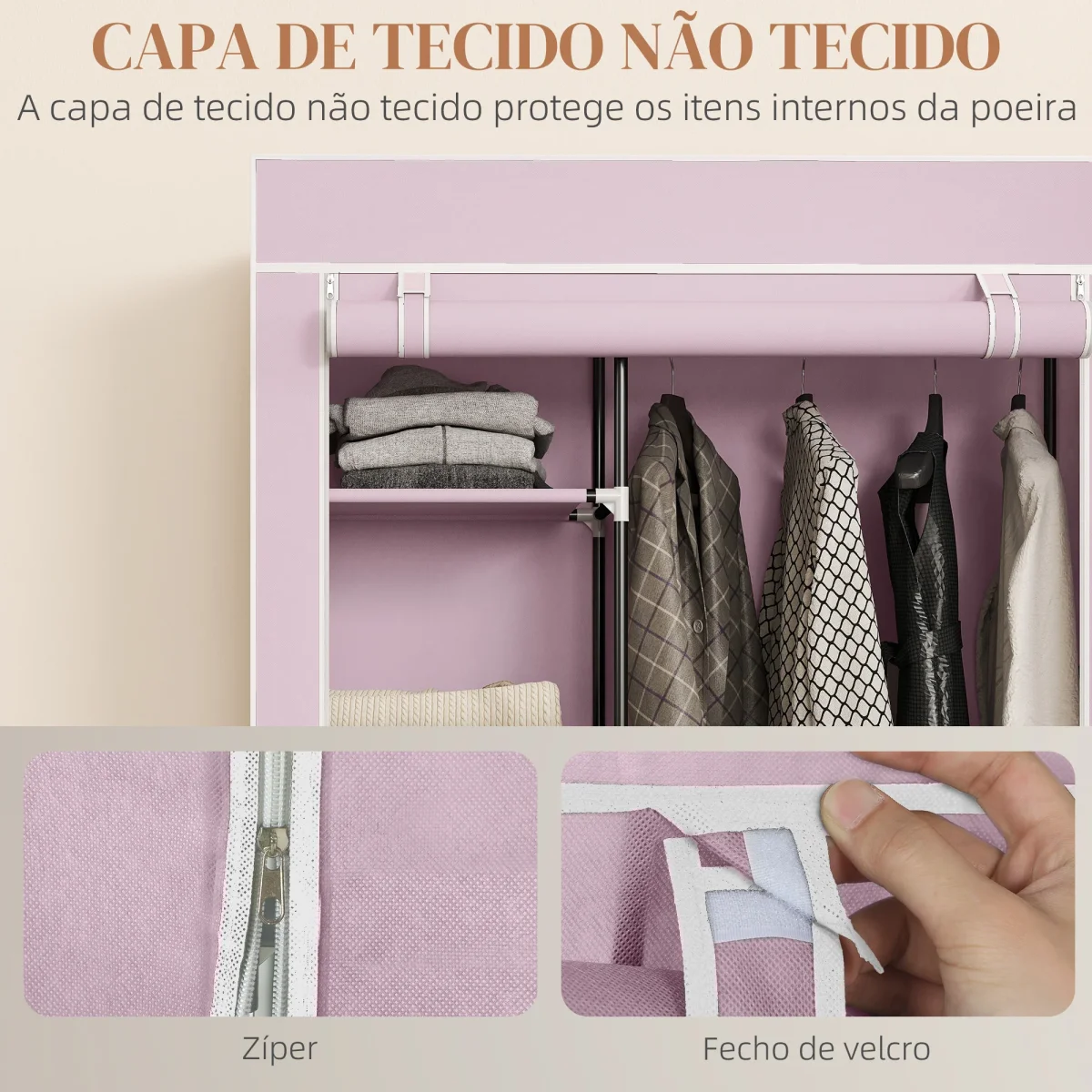 Roupeiro de Tecido Dobrável Armário de Roupa Portátil com 6 Prateleiras 1 Barra de Pendurar e Rodas para Dormitório Vestidor 103x43x162,5 cm Rosa - Image 6
