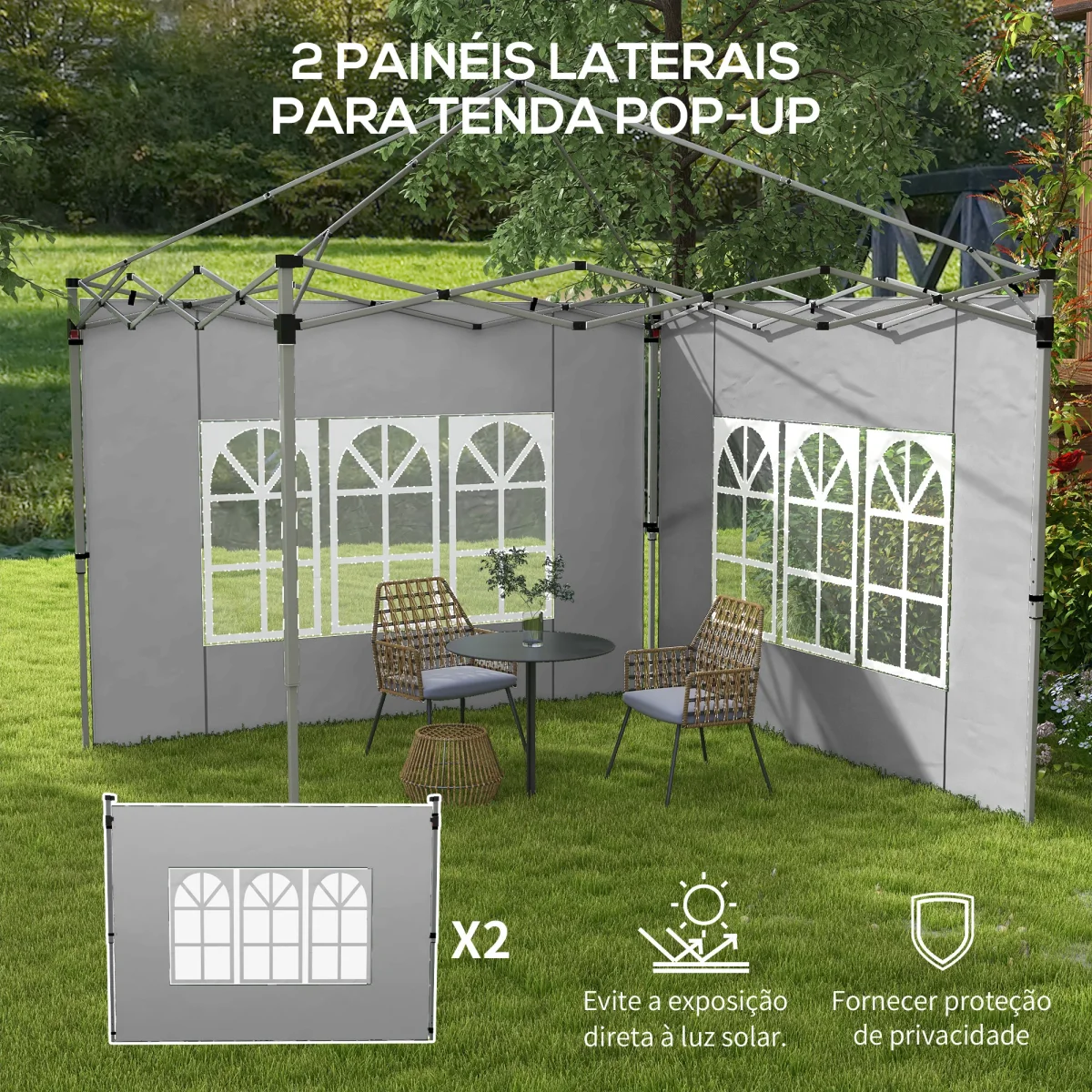 2 Painéis Laterais para Tenda de 3x3 / 3x4 m 295x195 cm Parede de Substituição de Tecido Oxford para Tendas Dobráveis com Janela para Jardim Exterior Festas Cinzento Claro - Image 5