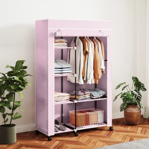 Roupeiro de Tecido Dobrável Armário de Roupa Portátil com 6 Prateleiras 1 Barra de Pendurar e Rodas para Dormitório Vestidor 103x43x162,5 cm Rosa