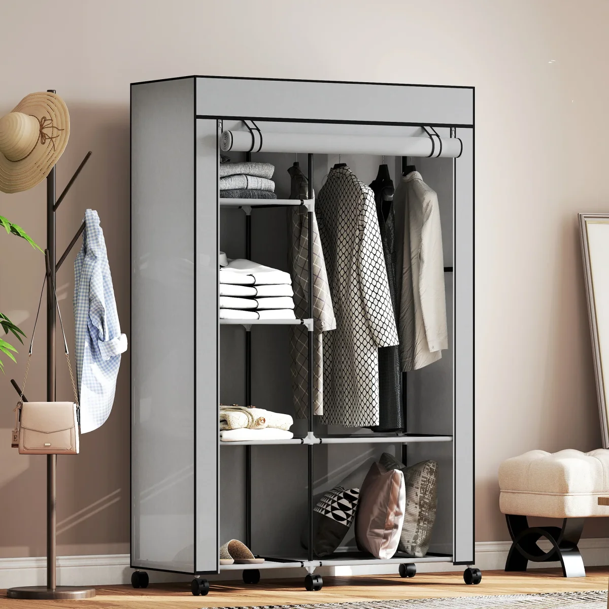 Roupeiro de Tecido Dobrável Armário de Roupa Portátil com 6 Prateleiras 1 Barra de Pendurar e Rodas para Dormitório Vestidor 103x43x162,5 cm Cinza Claro - Image 8