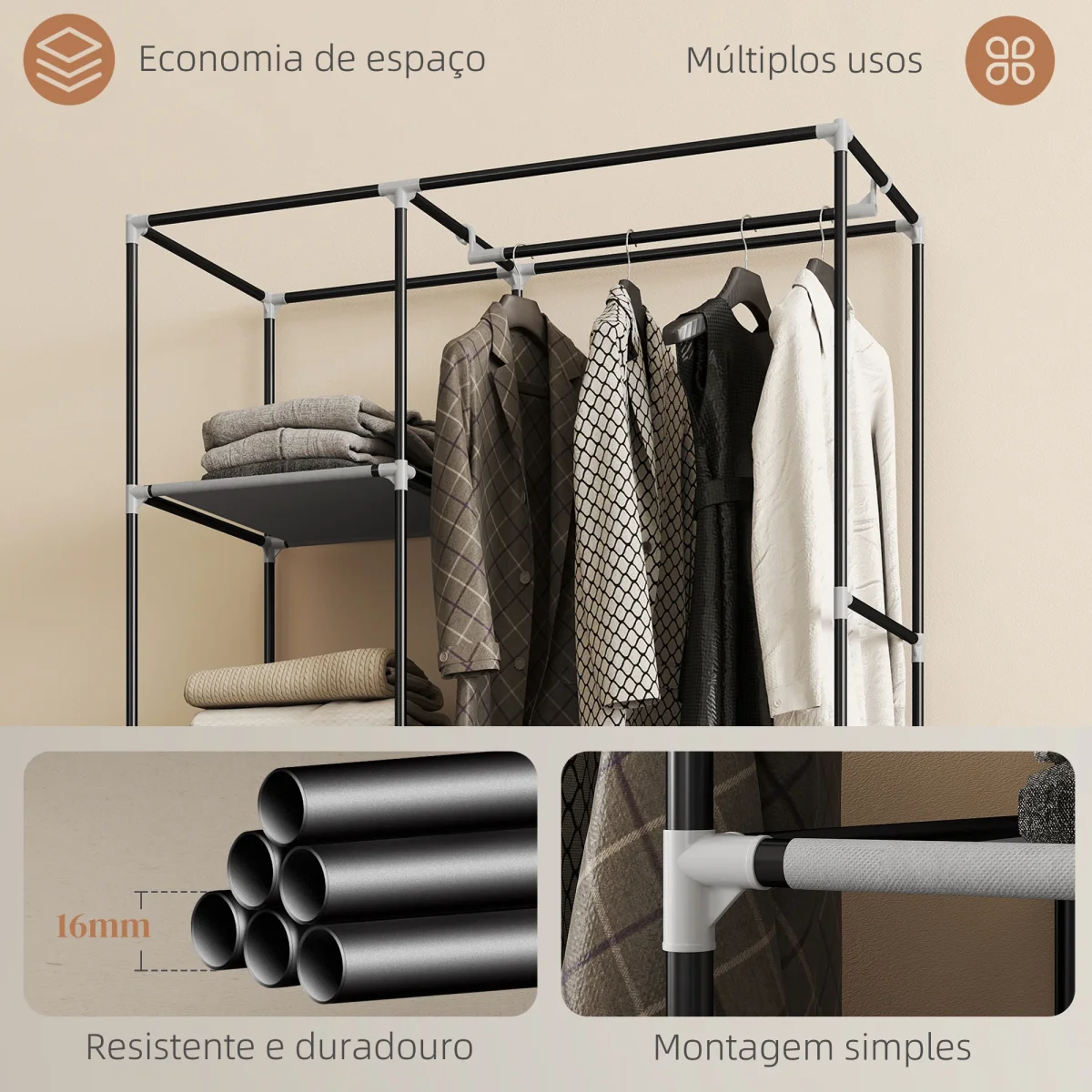 Roupeiro de Tecido Dobrável Armário de Roupa Portátil com 6 Prateleiras 1 Barra de Pendurar e Rodas para Dormitório Vestidor 103x43x162,5 cm Cinza Claro - Image 7