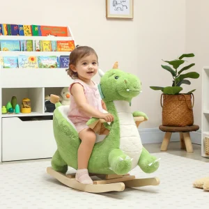Baloiço para Bebés com Som de Dragão Baloiço de Pelúcia com Base de Madeira Cinto de Segurança para Crianças de 18-36 Meses 65x38x72 cm Verde