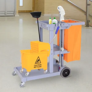 Carrinho de Limpeza com Saco 100L Profissional e Multifuncional para Colectividades Hostal do Hotel com 3 Bandejas e 1 Plataforma 113x50.5x96.5cm