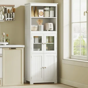 Armário de Cozinha com 2 Portas de Vidro Temperado 2 Prateleiras Abertas e Armário com Prateleira Ajustável para Sala de Estar 60x30x162 cm Branco