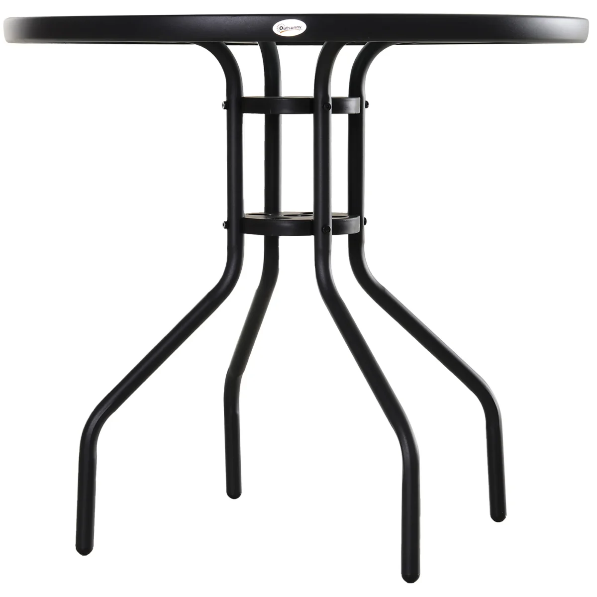 Mesa de Jardim Redonda Mesa Sala de Jantar de Cristal Temperado com Orifício para Chapéu de Sol Estrutura Metálica para Pátio Terraço Exterior Ø80x72cm Preto - Image 9