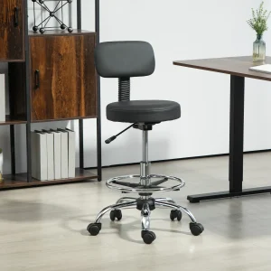 Banco Giratório com Rodas e Encosto Apoio para Pés Altura Ajustável Estofado em Couro Sintético para Escritório, Quarto 52x52x78-92 cm Preto