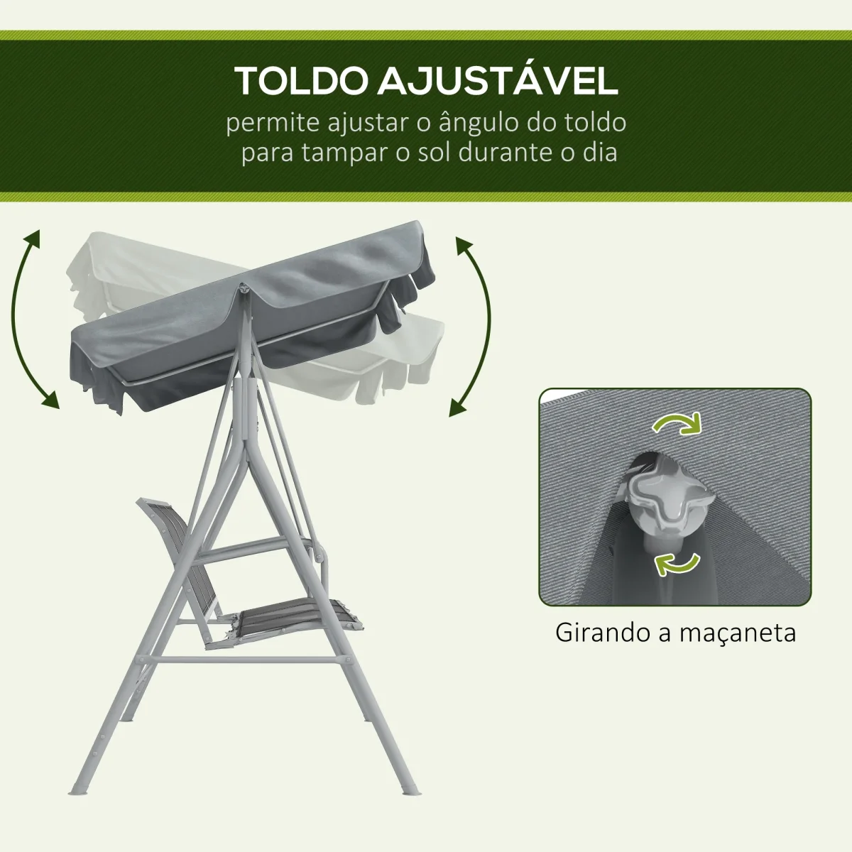 Baloiço Jardim de 3 Lugares com Toldo Ajustável Encosto Respirável e Estrutura de Metal para Terraço Balcão Exterior Carga 240kg 171x108x154cm Cinza - Image 5