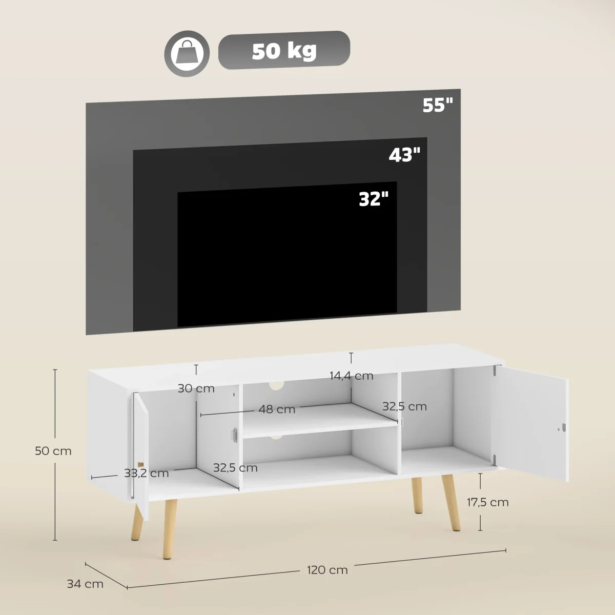 Móvel de TV de Sala de Estar Móvel para Televisores de até 55 Polegadas com 2 Portas 2 Prateleiras de Armazenamento para Escritório Dormitório 120x34x50cm Branco - Image 4