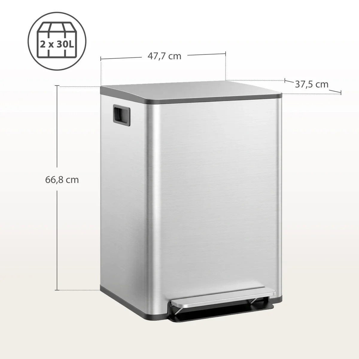 Balde de Lixo de Cozinha com 2 Compartimentos 2x30L Cubo de Lixo de Aço Inoxidável com Pedal Fechamento Suave e Cubo Amovível para Escritório Cozinha Prata - Image 4