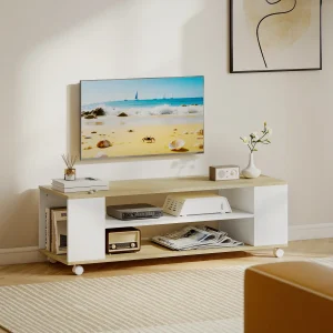 Móvel para TV com Rodas Armário para TV Flutuante com 2 Portas e 2 Prateleiras de Armazenamento para Televisores de até 55 Polegadas para Dormitório 120x40x38,5cm Branco e Madeira