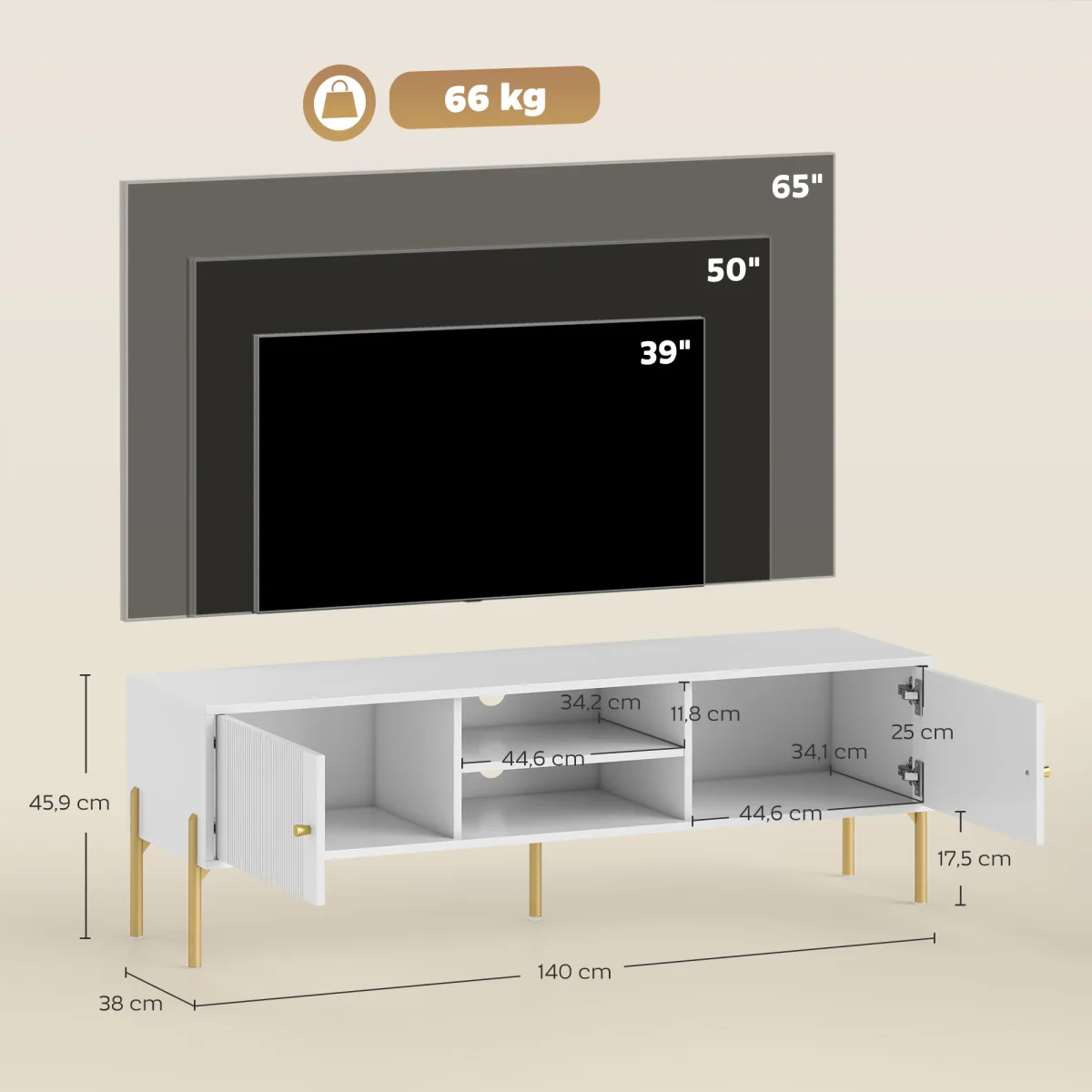 Móvel de TV Moderno de 2 Portas Móvel de TV para Sala com 2 Prateleiras Abertas Ajustáveis Orifícios para Cabos Pernas de Aço para Televisão 65 Polegadas 140x38x45,9 cm Branco - Image 4