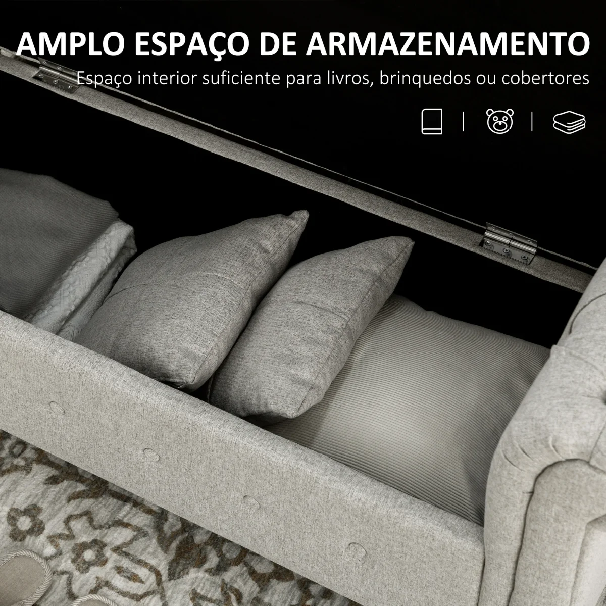 Banco de Pé de Cama Banco de Armazenamento de Linho com Dobradiças na Tampa Pés de Madeira e Apoio para os Braços para Dormitórios Sala de Estar Corredor Carga 150kg 146,5x49x74,5cm Cinza Claro - Image 5