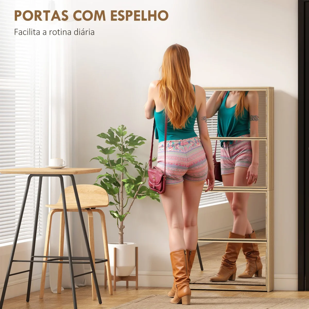 Sapateira Estreita com Espelho 4 Portas Abatíveis Sapateira para Entrada Corredor para 12 Pares de Sapatos Para Corredor Espaços Reduzidos 63x17x146 cm Madeira - Image 5