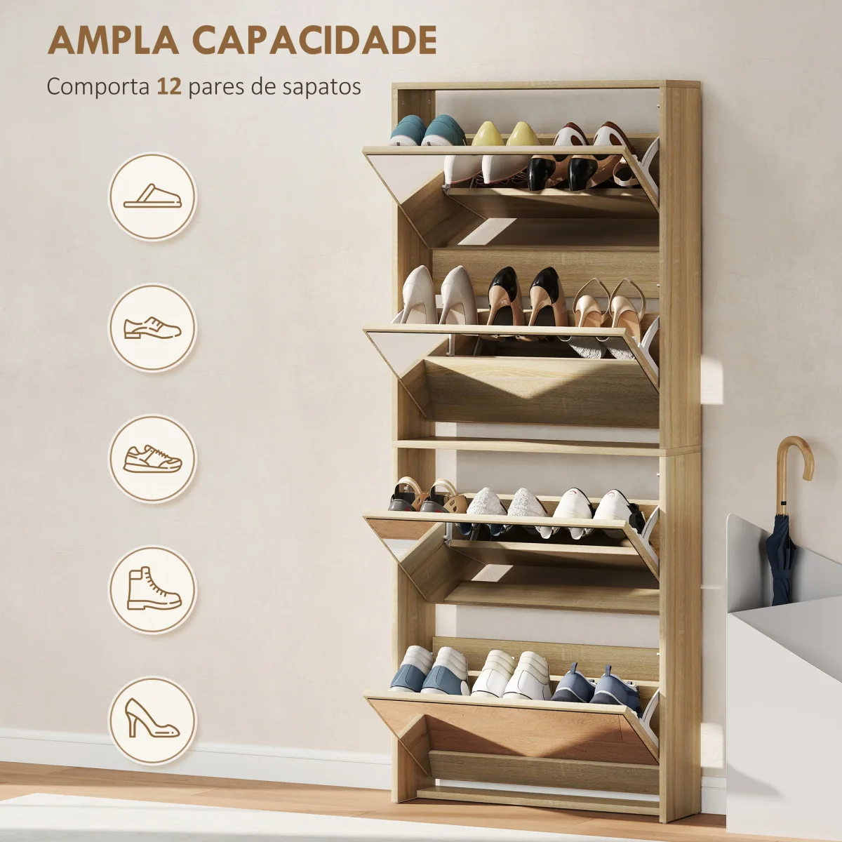 Sapateira Estreita com Espelho 4 Portas Abatíveis Sapateira para Entrada Corredor para 12 Pares de Sapatos Para Corredor Espaços Reduzidos 63x17x146 cm Madeira - Image 6