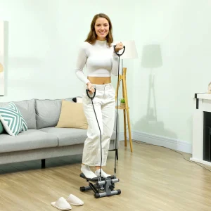 Mini Step para Exercício em Casa Máquina de Step Compacta com Bandas de Resistência Monitor LCD Pedais Antiderrapantes e Ajustáveis em Altura para Treino do Corpo 41x30,5x18,5 cm Cinza
