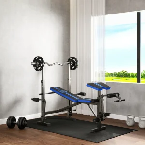 Banco de Musculação Multifuncional com Encosto Ajustável, Suporte para Barras Regulável, Extensão de Pernas, Curl de Pregador, Borboleta, Treino para Casa e Ginásio, Azul