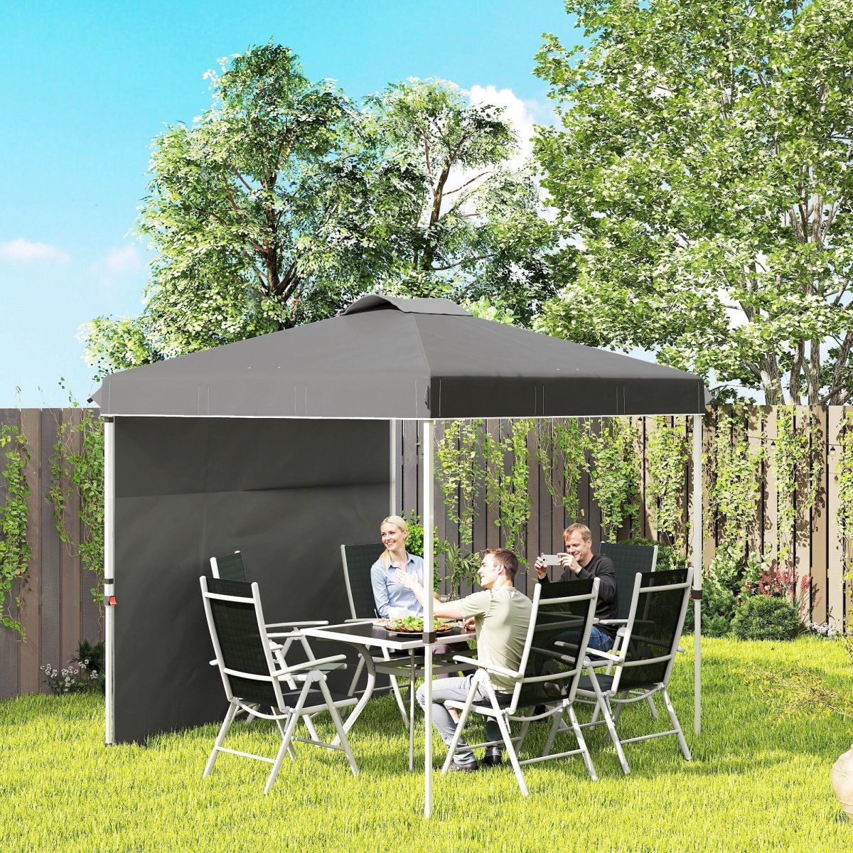 Tenda Dobrável 2,5x2,5 m Altura Ajustável Tenda de Jardim com 1 Parede Lateral Teto com Ventilação e Bolsa de Transporte para Acampamento Festas Cinza Escuro - Image 2
