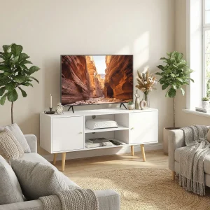 Móvel de TV de Sala de Estar Móvel para Televisores de até 55 Polegadas com 2 Portas 2 Prateleiras de Armazenamento para Escritório Dormitório 120x34x50cm Branco