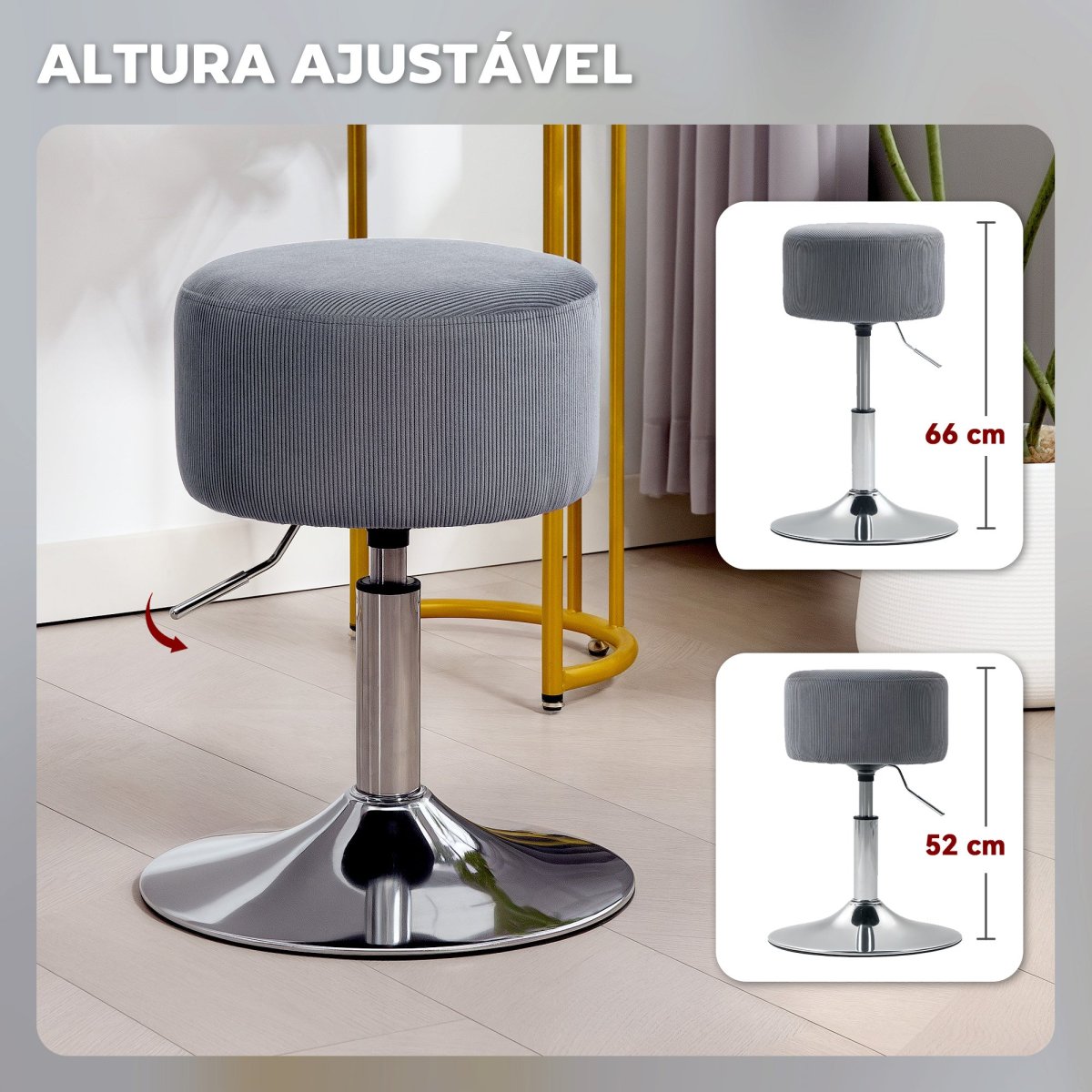 Banco de Bar Giratório Banco Alta de Cozinha Ajustável em Altura 52-66 cm Estofado em Veludo Giratória a 360° para Sala de Jantar Tocador Balcão Cinzento - Image 5