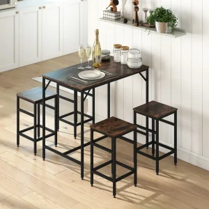 Conjunto de Mesa de Bar com 4 Bancos com Apoio para os Pés Conjunto de Móveis de 5 Peças Mesa de 100x60x88cm e Bancos de 32x32x57cm para Sala de Jantar Cozinha Preto e Nogueira