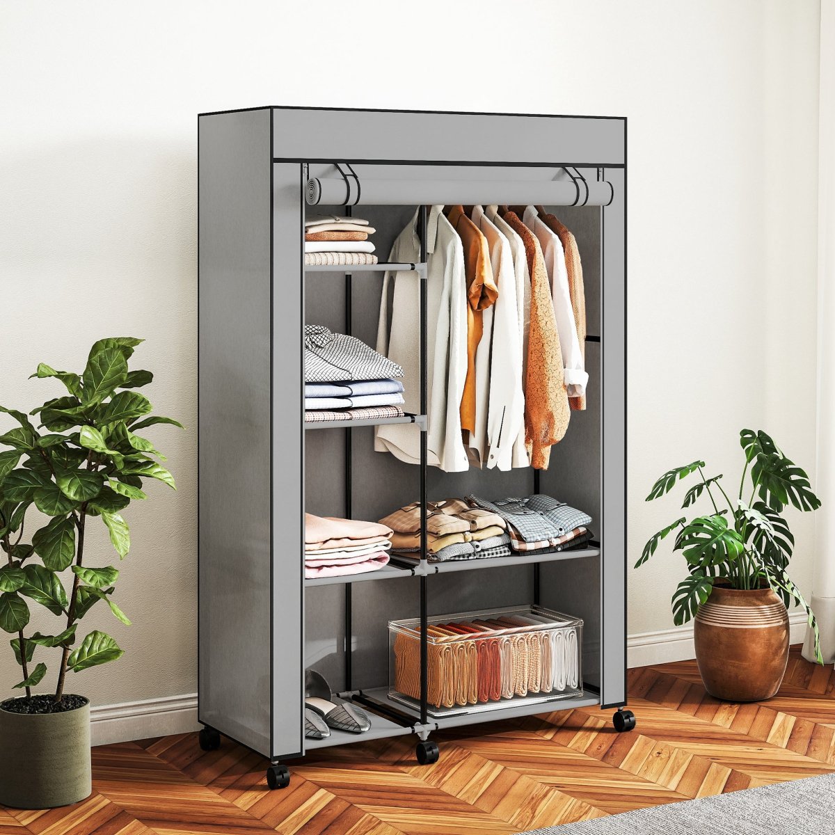 Roupeiro de Tecido Dobrável Armário de Roupa Portátil com 6 Prateleiras 1 Barra de Pendurar e Rodas para Dormitório Vestidor 103x43x162,5 cm Cinza Claro