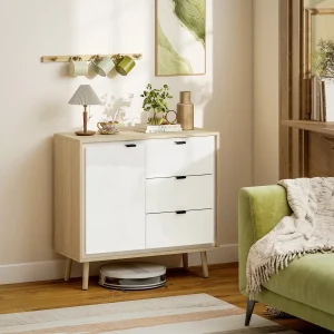 Aparador de Sala Moderno com 3 Gavetas Prateleira Ajustável e Pés em Madeira para Cozinha Entrada Quarto 80x35x77 cm Branco Brilhante e Carvalho