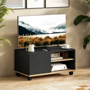 Móvel de TV com Rodas Mesa de TV Móvel até 42 Polegadas com 1 Porta 2 Compartimentos Abertos Prateleira Ajustável para Sala de Estar 80x45x41 cm Preto